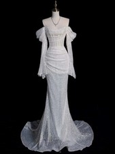 Mermaid Wedding Dresses Off Shoulder Sequins Full Sleeves Long Trailing Gowns