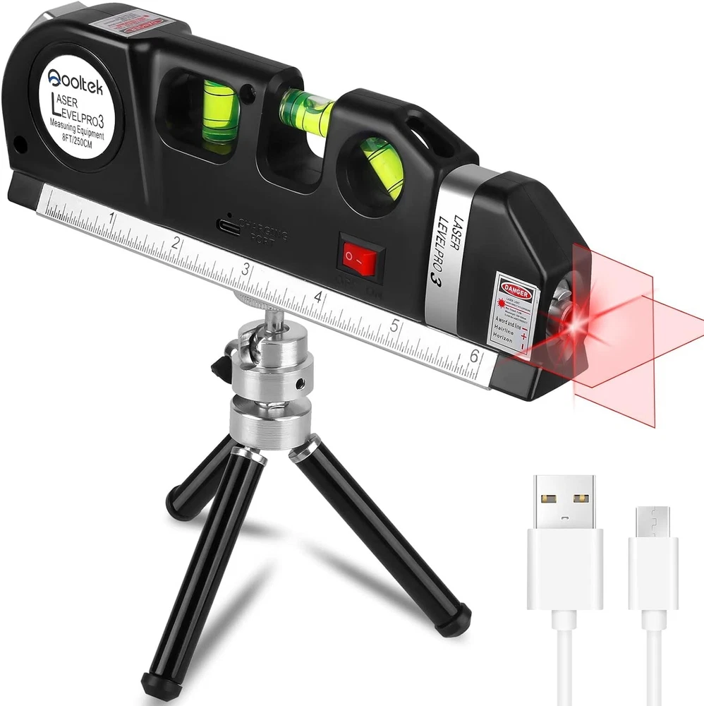 Adjustable Laser Level Line Tool with Metal Tripod Stand & 8-Foot Measuring Tape