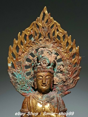 9.8" Old Tang Dynasty Pure Bronze Gold Gilt Kwan-Yin Guan Yin Goddess Statue - Picture 2 of 9