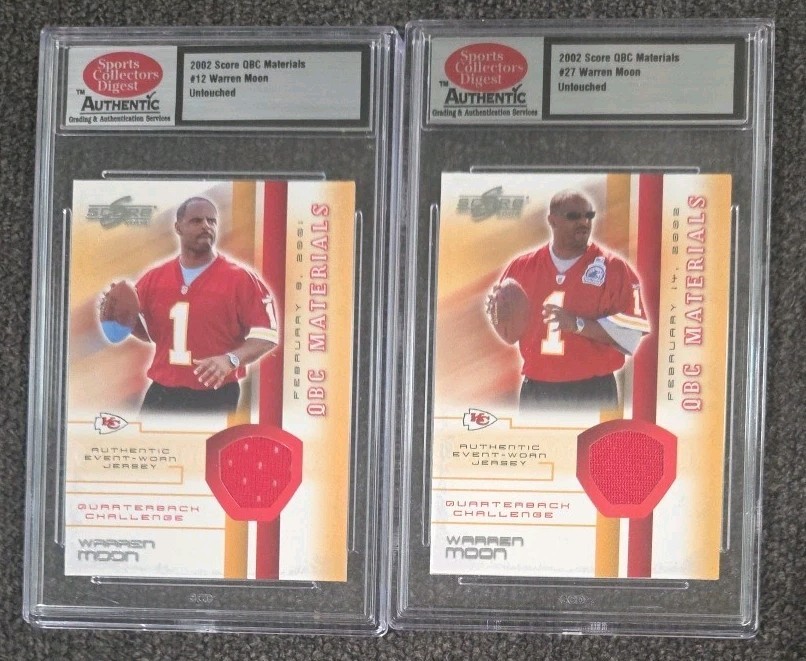 2 X 2002 Score QBC Materials Warren Moon swatch #12 & #27 SCD ENCASED UNTOUCHED