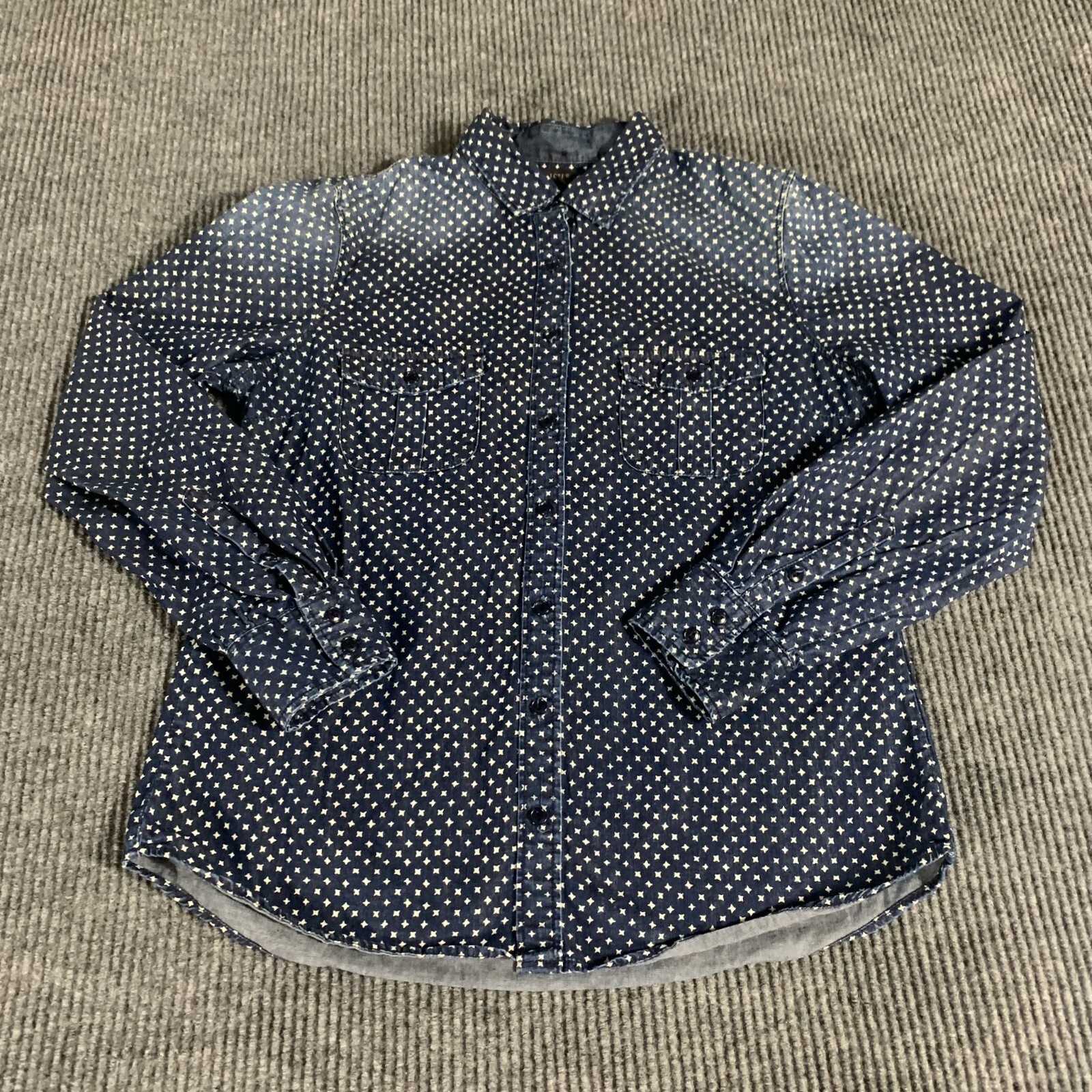 J Crew Shirt Womens 10 Blue Button Up Pockets Collared Long Sleeve Faded Stars