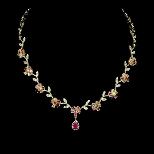 Summer 925 Silver Necklace Pear Ruby Emerald Tourmaline Gemstone Jewelry 18in