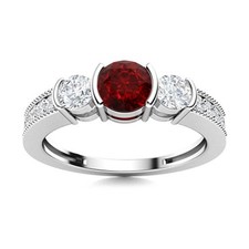 5MM Round Shape Garnet 925 Sterling Silver Side Accents Three Stone Women Ring