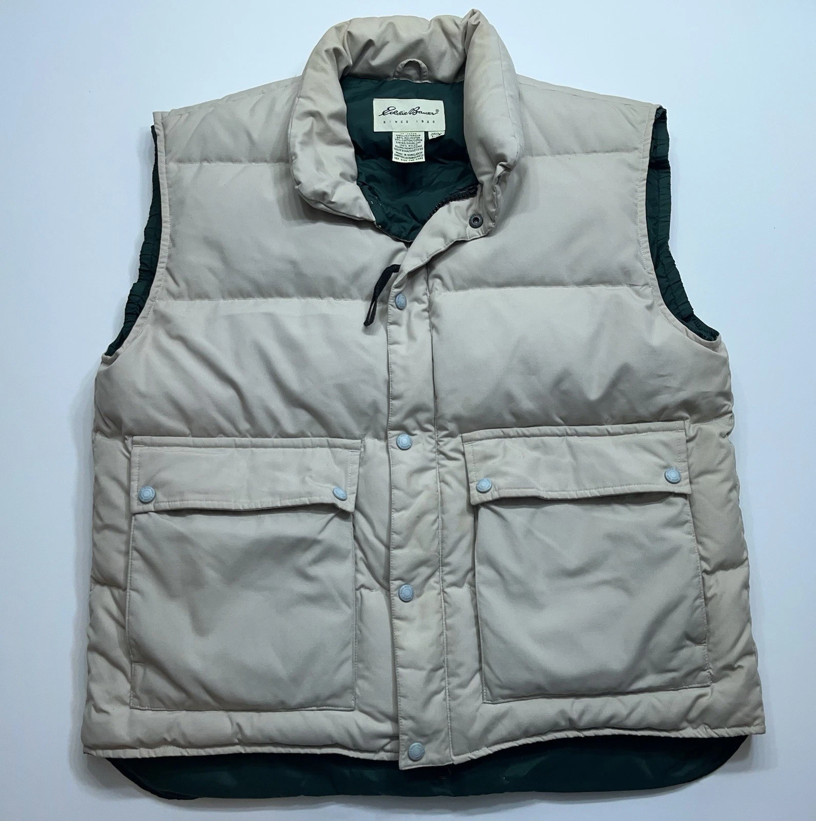 Eddie Bauer Goose Down Vest Mens Size Large Khaki Softshell Puffer Zip Snap READ
