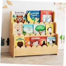  3-Tier Scalloped Bookshelf, Montessori Bookcase for 3 Tier, 29.6" W Natural