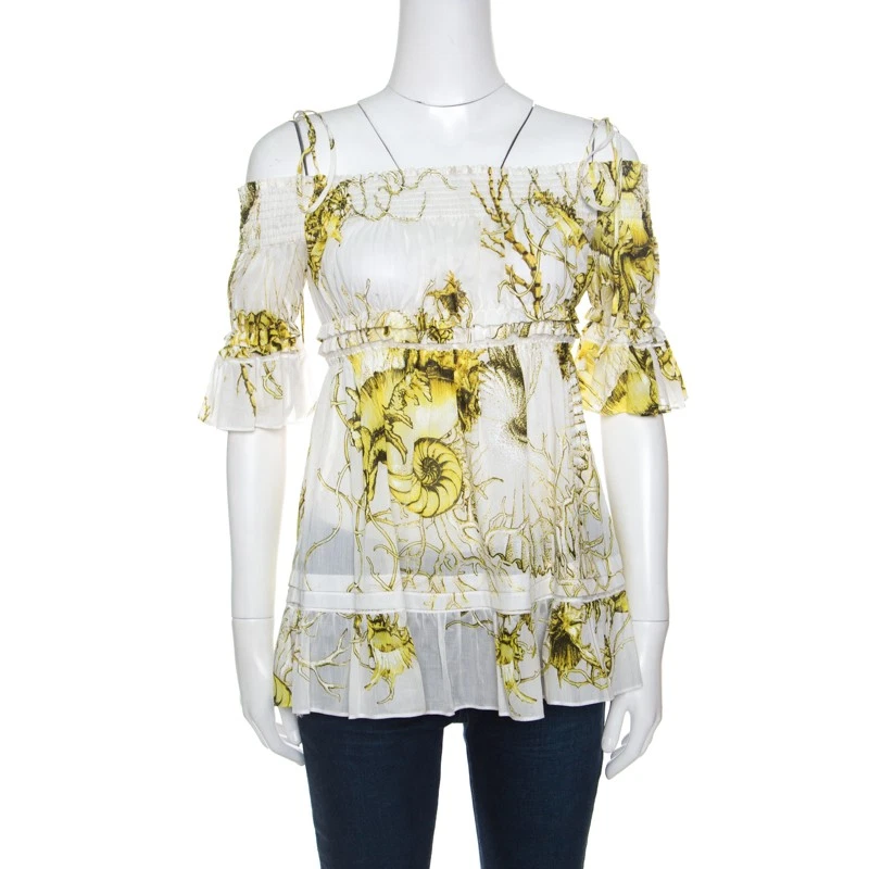 Blusa Roberto Cavalli Blanca y Amarilla Estampado Floral Algodón Hombro Descubierto M