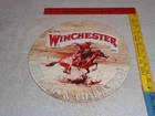 VINTAGE WINCHESTER FIREARMS & AMMUNITION 11 3/4" PORCELAIN METAL COWBOY GUN SIGN