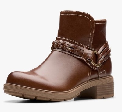 Clarks Hearth Kaylie Womens Size 5 Brown Leather Ankle Boots Braided Bit  NEW