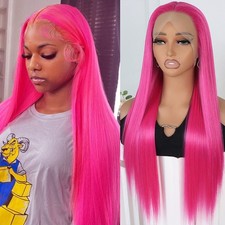 Lace Front Wigs Synthetic Long Silky Straight Hair Rose Red Glueless Pre Plucked