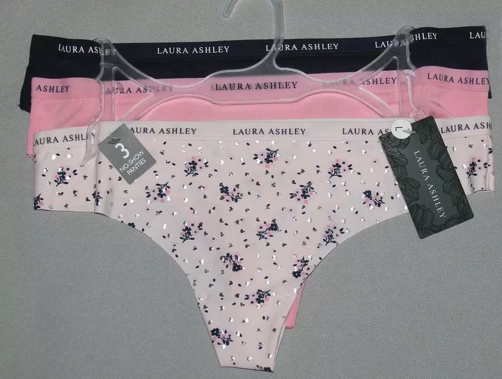 3 Laura Ashley Laser Cut NO SHOW Panties Thongs Floral Silver Hearts Wms L  $26