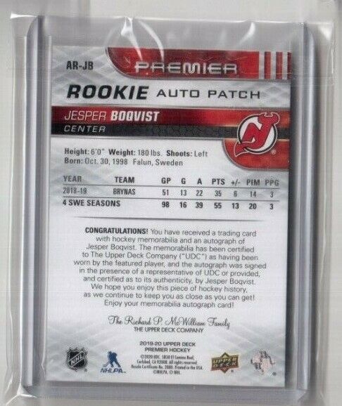 2019-20 UD Premier Acetate Rookie Auto Patch AR-JB Jesper 2019-20 UD Premier Acetate Rookie Auto Patch AR-JB Jesper