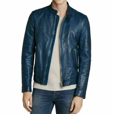 Men's 100% Genuine Lambskin Leather Blue Jacket Moto Biker Cafe Racer Jacket