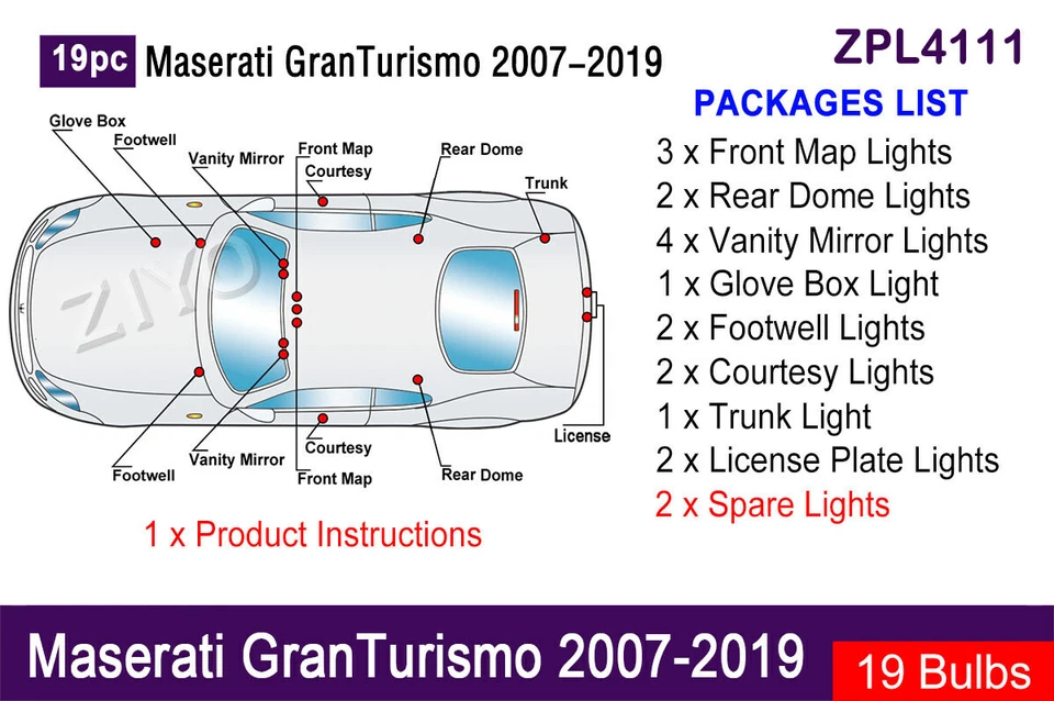 19pcs LED Interior Light Upgrade for Maserati GranTurismo 2007-2019 Light Bulbs - Image 2 of 4