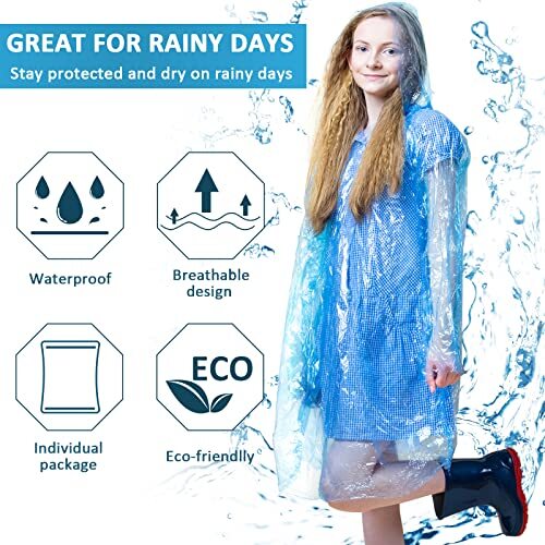 100 Packs Disposable Rain Ponchos Adults Emergency Waterproof Rain Coat with - Picture 5 of 7