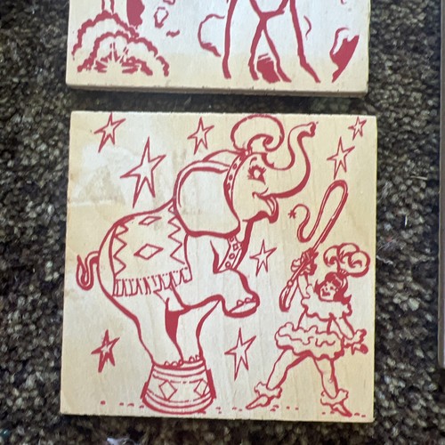Vintage 1950’s Wooden Square Coasters Painted Pictures Circus Game Football Game - Picture 2 of 7