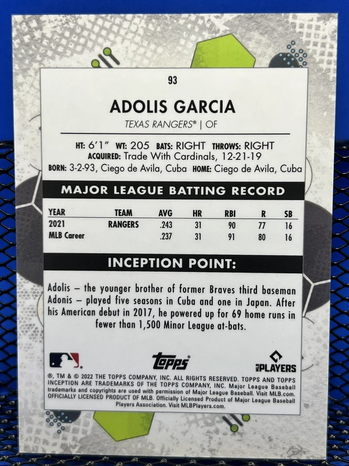 2022 Topps Inception ADOLIS GARCIA Texas Rangers Base 93 - Image 2 of 2