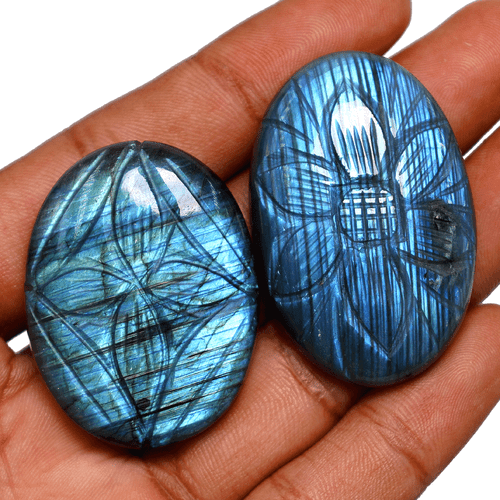 2 Pcs Natural Labradorite Hi-Quality Hand Carved 39-43mm Oval Cabochon Gemstones - Picture 7 of 12