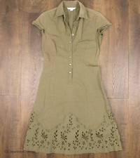 Marella Max Mara Size 6 Olive Green Distressed Floral Mid Button Up Flare Dress