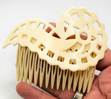 NOS HAND MADE FRANCE Celluloid Or Plastic Hair Comb Cream 1980s Swirl