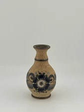 Vintage Tonala Sandstone Hand-Painted Mexican Folk Art Vase Signed 3 5/8"
