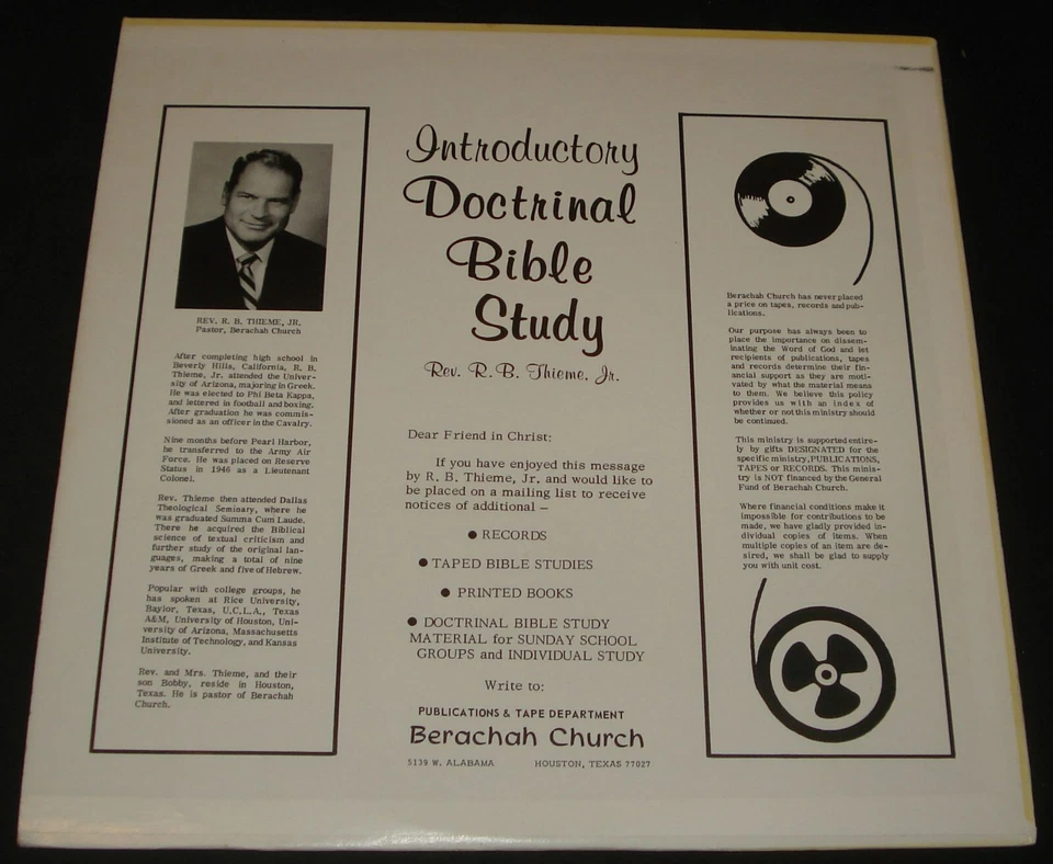 REV R B THIEME PB1 LP 16 ⅔ RPM  BERACHAH CHURCH HOUSTON TEXAS BIBLE STUDY - Image 2 of 2