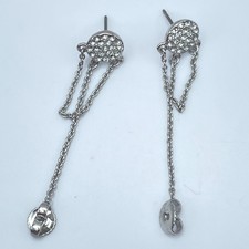 Vintage 80s Silver Tone Rolo Chain Pavé Rhinestone Linear Dangle Drop Earrings