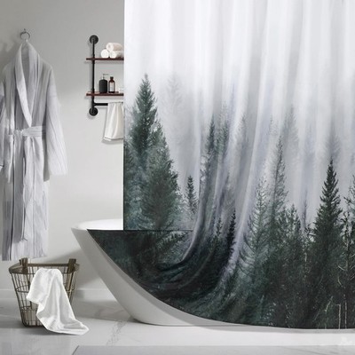 72x84 Dark Green Misty Forest Shower Curtain, 84 Inch Long, Fabric, 12 Hooks