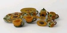 13pc Miniature Resin Tea Party Set Yellow Sunflowers & Bee Mini Dollhouse Fairy 