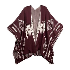 Charlotte Russe Burgundy Aztec Print Open Front Poncho Cape Shawl One Size