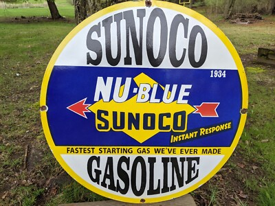 #ad LARGE VINTAGE SUNOCO NU BLUE GASOLINE PORCELAIN GAS PUMP SIGN 30quot; $428.40