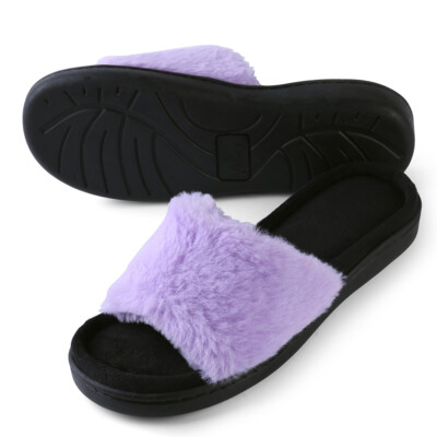 Aerusi Fashion Comfort With Plush Faux Fur Open Toe Slipper Indoor Outdoor Shoes