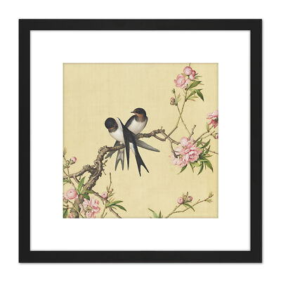 Castiglione Pfirsichblüte Vögel Gemälde quadratisch gerahmt Wandkunst 9 x 9 Zoll