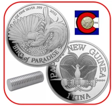 2022 Papua New Guinea Bird of Paradise 1 oz Silver BU Coin - roll of 20 coins