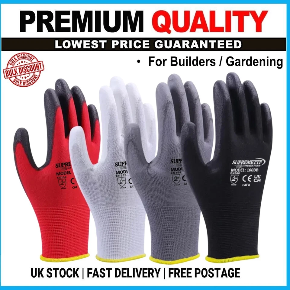 SUPREMETTF 24 PAIRS PU COATED SAFETY WORK GLOVES GLOVE GARDEN GRIP MENS BUILDERS GARDENING