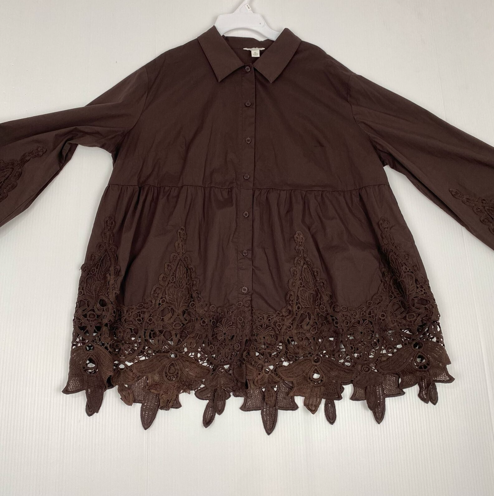 Cato Womens Blouse Size XL Buttons Front Tunic brown collared Long Sleve Cotton