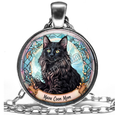 Black Maine Coon Cat Mom Gift Necklace Faux Stained Glass Art Cat Mom Gift
