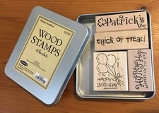 Stampabilities Wood Stamps in Tin Box, Holiday Headlines, 4 Stamps