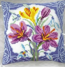 CROCUS----Purple & Yellow Flowers with Blue Border-Lovely--Quick Stitch Pillow
