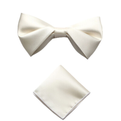 Men Solid Color Pre-tied Bowtie Pocket Square Set Bow Tie Hanky Handkerchief