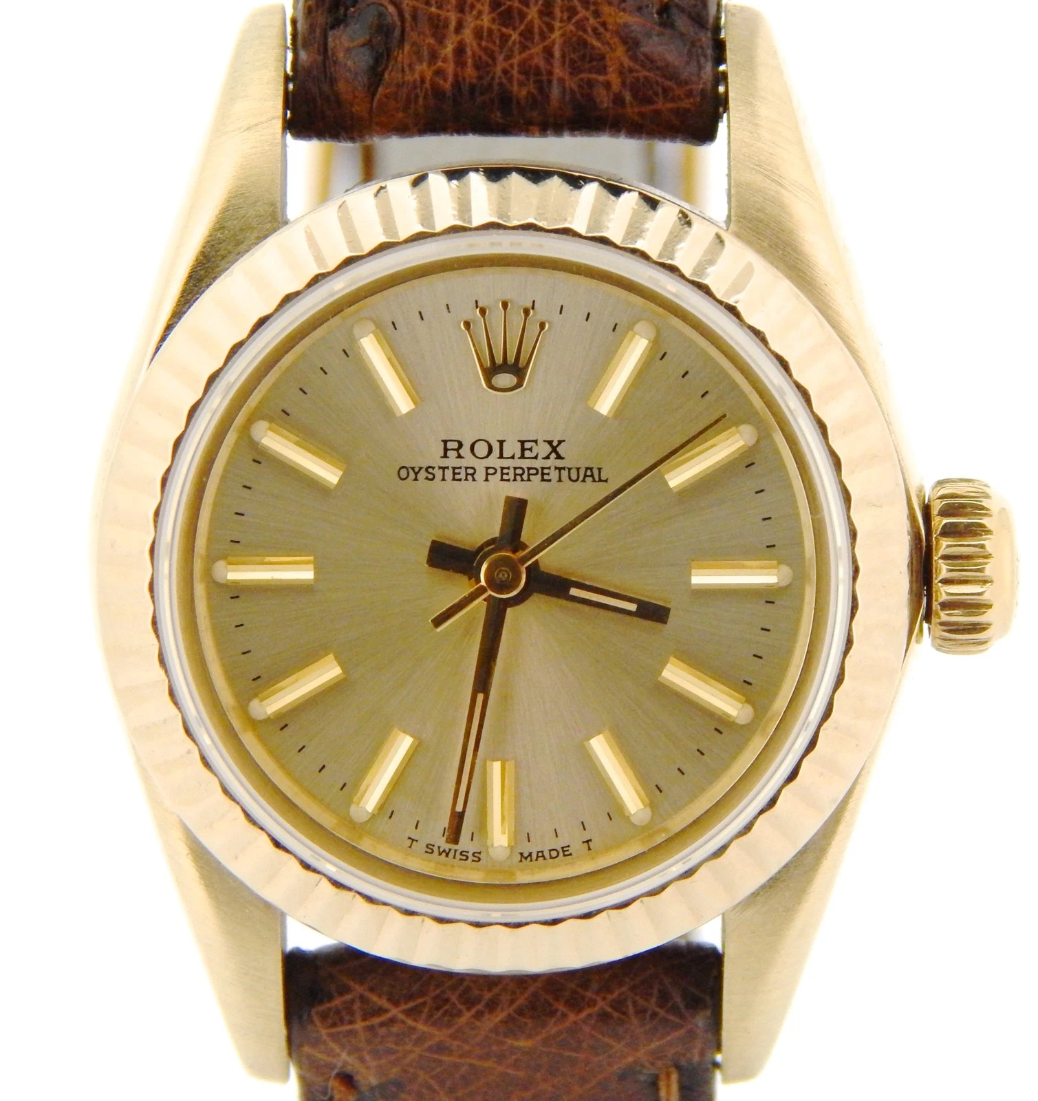 Rolex — Ladies Rolex Solid 14k Yellow Gold Oyster Perpetual Watch Brown Champagne 67197