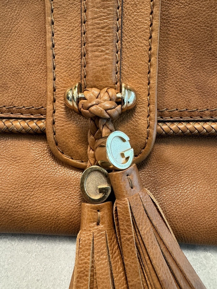 GUCCI Marrakech Camel Pebbled Leather Tasseled Large Clutch Gold