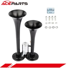 Black Train Air Horn Dual Trumpet Horn Kit w Solenoid For RV/Car/truck/Van/Boat