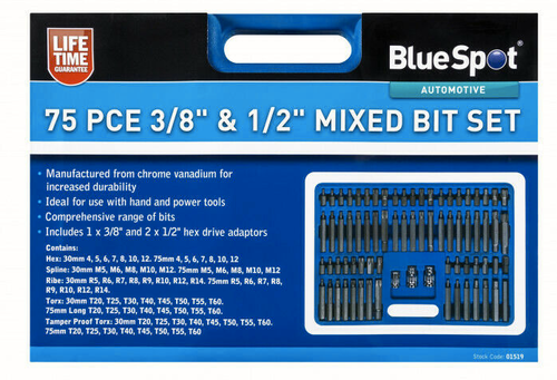(01519) BlueSpot 75pce 3/8" & 1/2" Mixed Bit Set (Lifetime Guarantee) - Picture 2 of 2