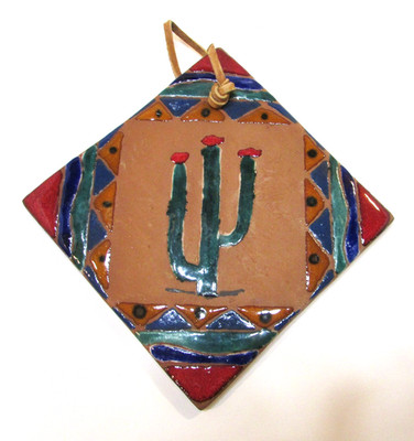 Javier Mexico Hand Painted Saguaro Cactus Terracotta Pottery Hanging Wall Tile