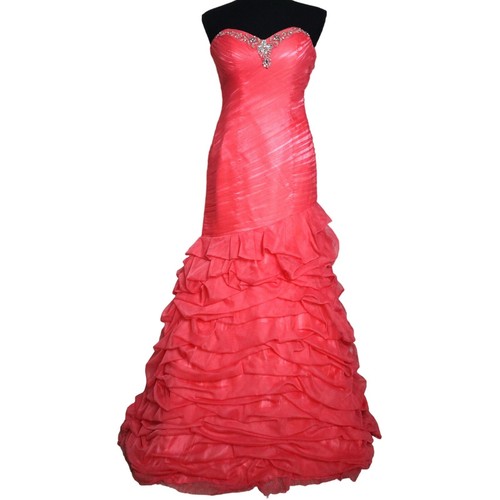 Drop waist Coral pink Strapless Ruched Dress Sweetheart Tiered Ruffle Y2K Tulle
