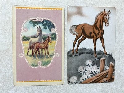 Vtg (2) Different Drawn Horses in Fields, 1 Foal Single Swap Playing Cards PC984