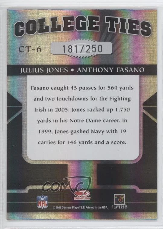 2006 Donruss Elite College Ties Black /250 Julius Jones Anthony Fasano Rookie RC - Image 2 of 2