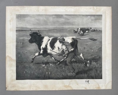 Die entkommene Kuh, Lithographie nach Julien Dupré