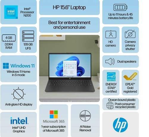 HP 15-fd0079wm 15" HD N200 1GHz Intel UHD Grafik 4GB RAM 128GB SSD - Bild 2 von 3