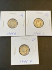 Lot of 3 Mercury Dimes 1944 P D S - 90% Silver (VG/VF)